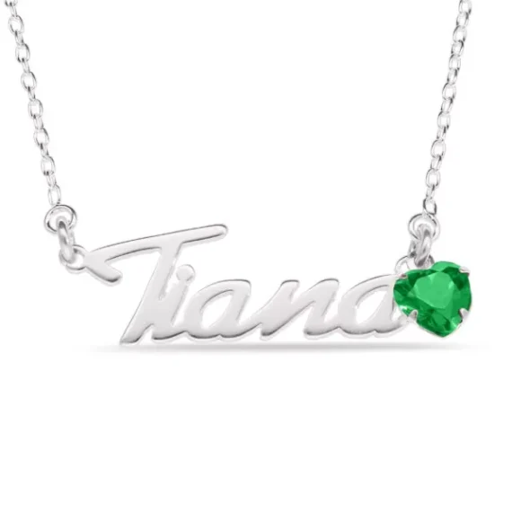 Personalised Sterling Silver Charm Heart Birthstone Name Necklace